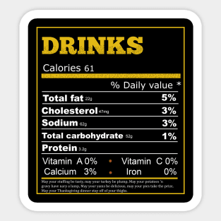 Funny Drinks Nutrition Facts Label Thanksgiving Dinner Sticker